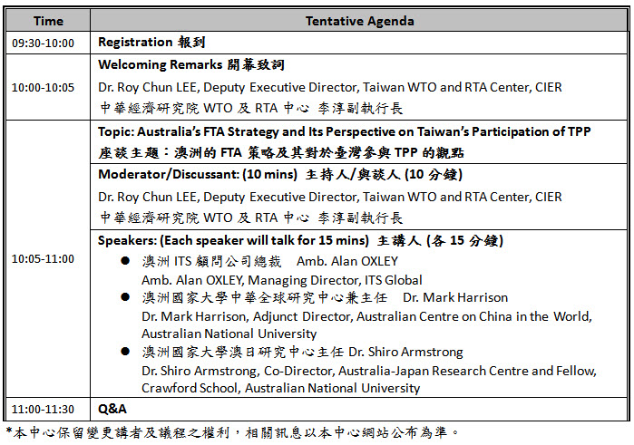 標題-澳洲的FTA策略及其對於臺灣參與TPP的觀點座談會議程