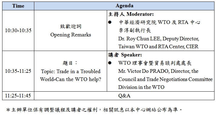 標題-WTO能否解救世界貿易困局專題演講議程