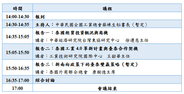 標題-新南向政策─國家別經貿論壇系列研討會-泰國投資與貿易商機議程