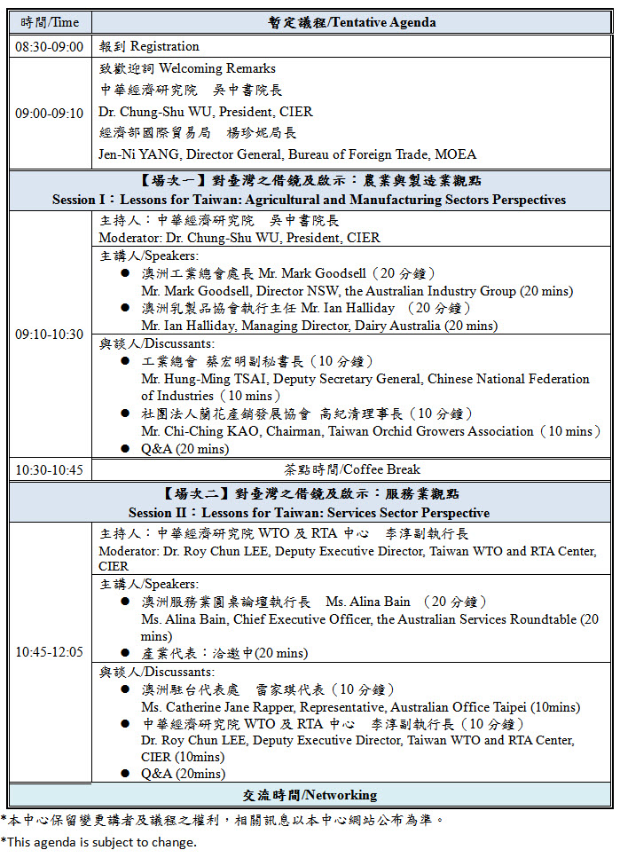 標題-澳洲經貿自由化及產業因應調整之經驗:對臺灣之借鏡及啟示國際研討會議程